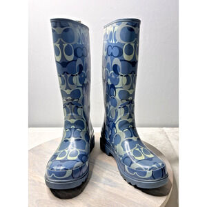 Coach Paisley Womens Rubber Pull On Tall Rain Boots Blue All Over Logo Sz 7m